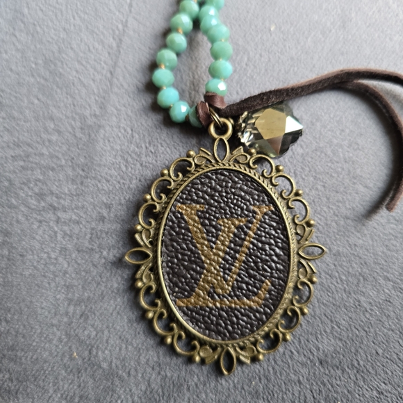 Upcycled Long Turquoise Beaded Necklace W Bronze LV Pendant 36inches - Picture 2 of 10